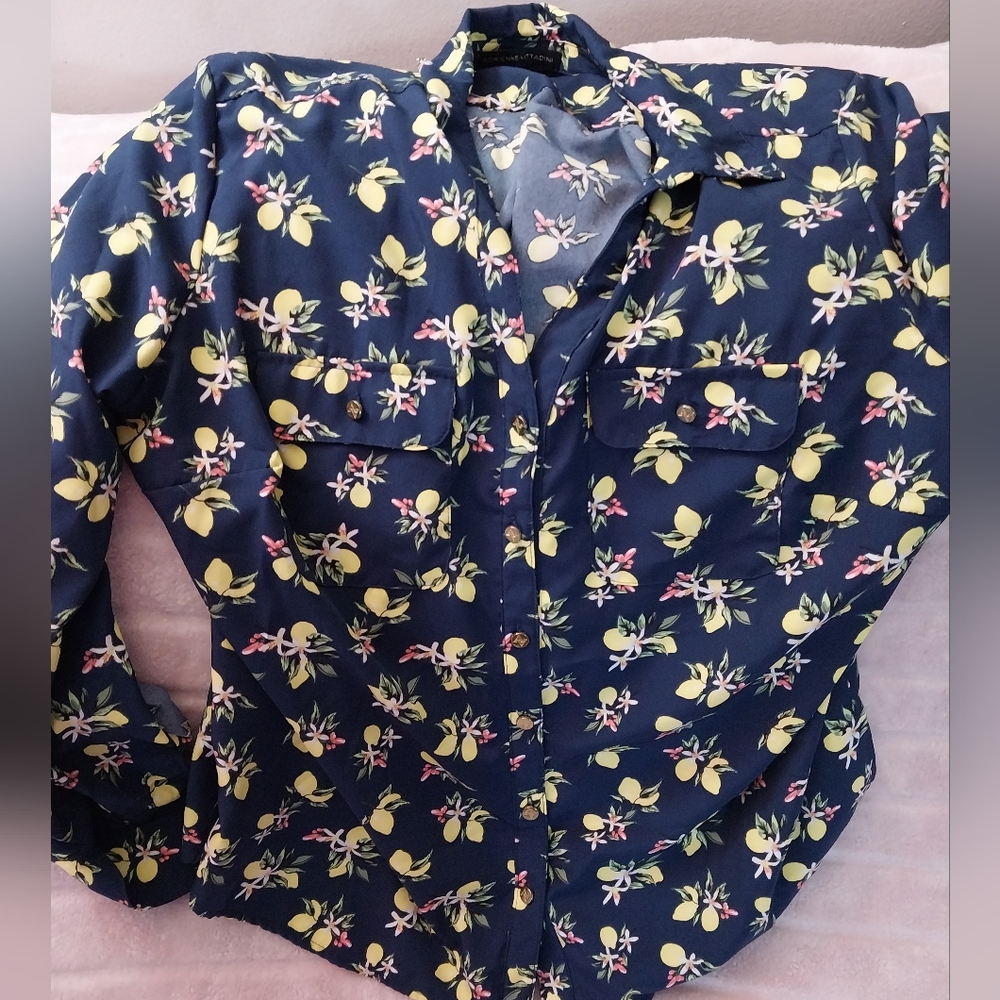 Adrienne Vittadini Navy Lemon Floral Blouse